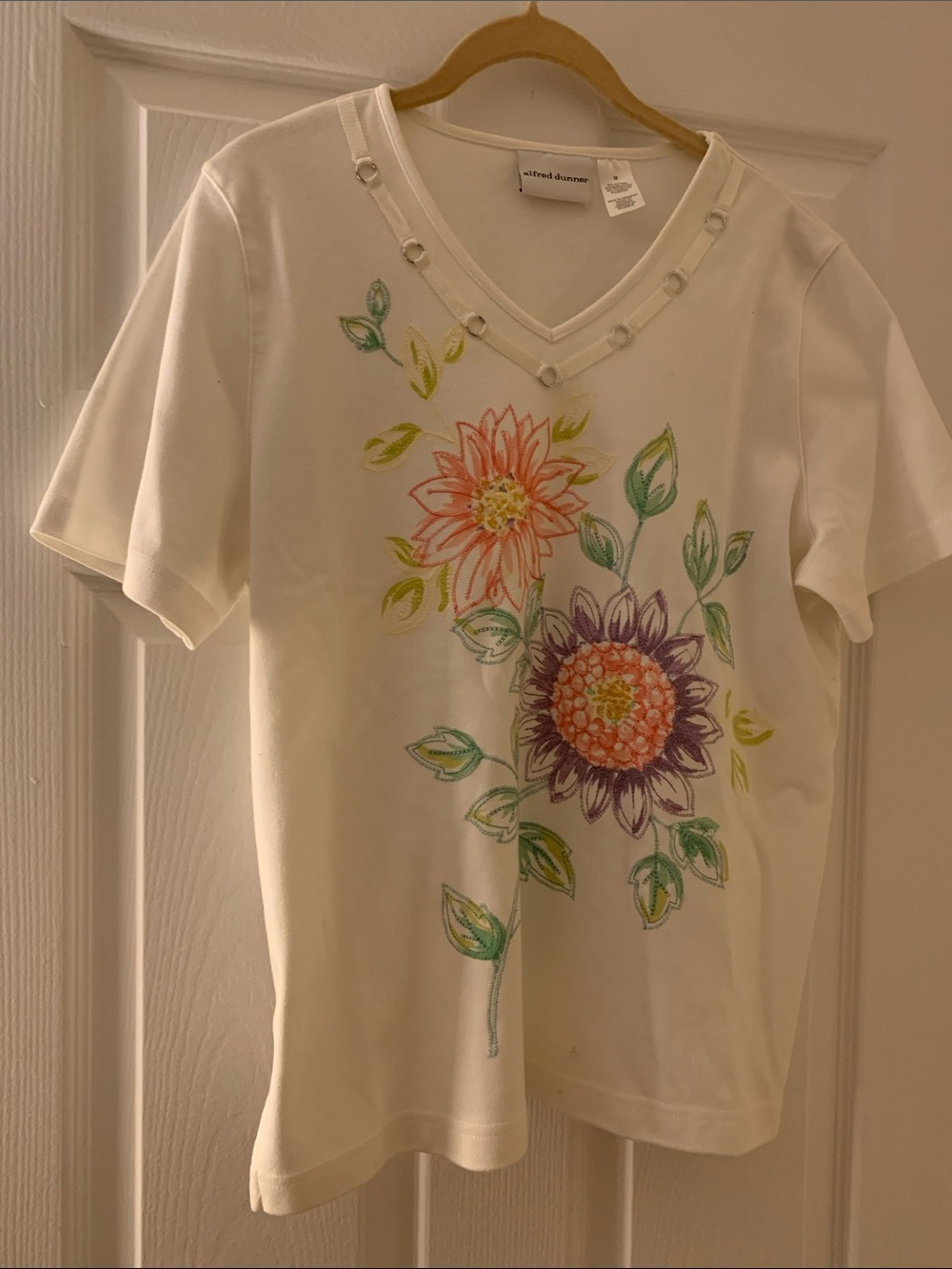 Alfred Dunner Cream Short-Sleeve V-Neck Top with Multicolor Floral Embroidery